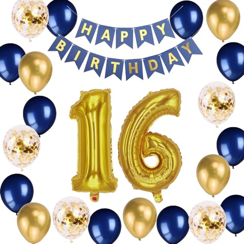 16 Geburtstag Dekorationen für Jungen, Geburtstagsbanner Nummer 16 Luftballons Metallic Marineblau Gold Konfetti Latexballon für Jungen Ihn Sohn 16 Jahre alt Geburtstag Dekoration Supplies (16th) von Fechy