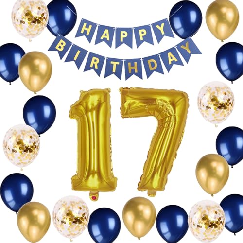 17 Geburtstag Dekorationen für Jungen, Geburtstagsbanner Nummer 17 Luftballons Metallic Marineblau Gold Konfetti Latexballon für Jungen Ihn Sohn 17 Jahre alt Geburtstag Dekoration Supplies (17th) von Fechy