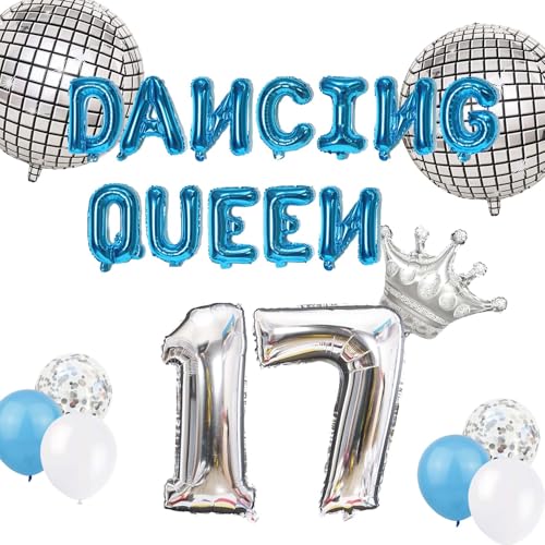 17. Geburtstag Party Tanzende Königin Dekorationen, Dancing Queen Silber Discokugel Krone Nummer 17 Folienballons Geburtstag Party Supplies für Mädchen Tochter 17 Jahre Disco Thema Mamma Mia von Fechy