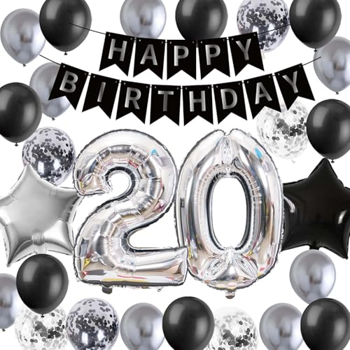 20. Geburtstag Party Dekoration für Ihn, Geburtstagsbanner Silber Nummer 20 Schwarz Stern Folienballons Latex Konfetti Geburtstag Ballons für Männer Ihn 20 Jahre alt Geburtstagsbedarf (20. Geburtstag) von Fechy