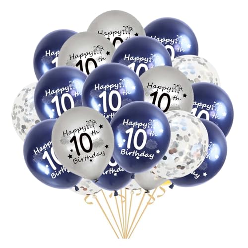 21 Stück Luftballon 10. Geburtstag, Marineblau Silber 10. Geburtstag Ballon, Happy 10. Geburtstag Latex Konfetti Ballon zum Jungen Mädchen 10 Jahre Geburtstag Deko(10.) von Fechy