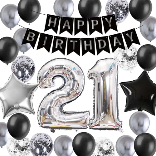 21. Geburtstag Dekorationen für Ihn, Silber Schwarz 21. Geburtstag Luftballons Dekoration, 21. Geburtstag Banner Nummer 21 Stern Folie Latex Konfetti Ballons für 21 Jahre alt Ihn Geburtstag Party von Fechy