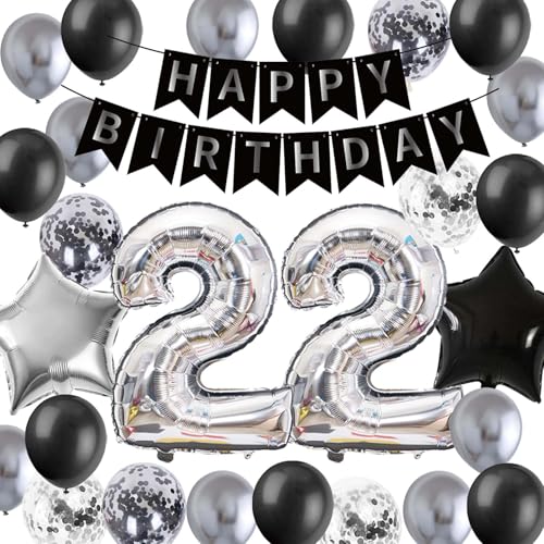 22 Geburtstag Party Dekoration für Männer, Schwarz Silber Geburtstagsbanner Silber Nummer 22 Stern Folienballons Latex Konfetti Ballons für Ihn Männer Freund 22 Jahre alt Geburtstag (22 von Fechy