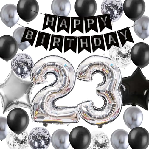 23. Geburtstag Dekorationen Silber Schwarz, Geburtstagsbanner Nummer 23 Foliensternballons Metallic Silber Latex Ballons Schwarz Konfetti Ballons für 23 Jahre Männer Frauen Party Dekoration 23. von Fechy