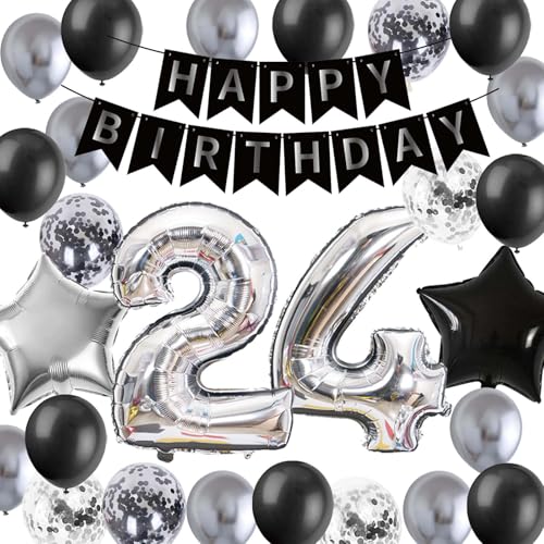 24. Geburtstag Dekorationen für Männer und Frauen, Zahl 24 Folien-Geburtstagsballons Silber Schwarz Metallic Konfetti Latex Ballons 24. Happy Birthday Banner für Ihn Freund Sie 24 Jahre Geburtstag von Fechy