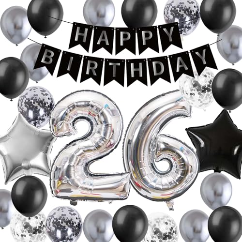 26. Geburtstag Dekorationen für, Schwarz 26. Geburtstag Banner Silber Stern Folienballons Metallic Silber Latex Konfetti Geburtstag Ballons für Männer Ihn 26 Jahre alt Geburtstag Supplies (26. von Fechy