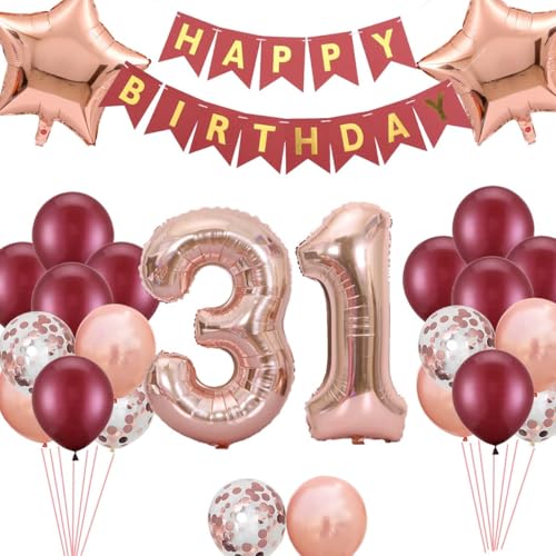 31. Geburtstag Dekorationen für Frauen, Burgunderrot Roségold Geburtstagsbanner Nummer 31 Stern Folienballons Latexballons 31 Jahre alt Geburtstagsbedarf für Frauen Sie 31 Geburtstag (31. Geburtstag) von Fechy