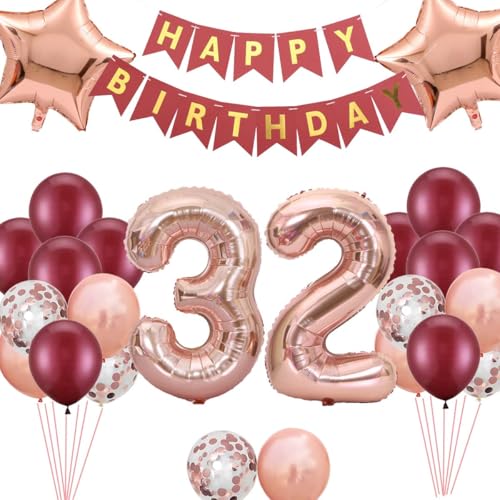 32. Geburtstag Dekoration für Frauen, Burgunderrot Rose Gold Happy 32nd Birthday Banner 32 Sterne Folienballons Konfetti Ballons für Sie Frauen 32 Jahre alt Party Supplies (32 von Fechy