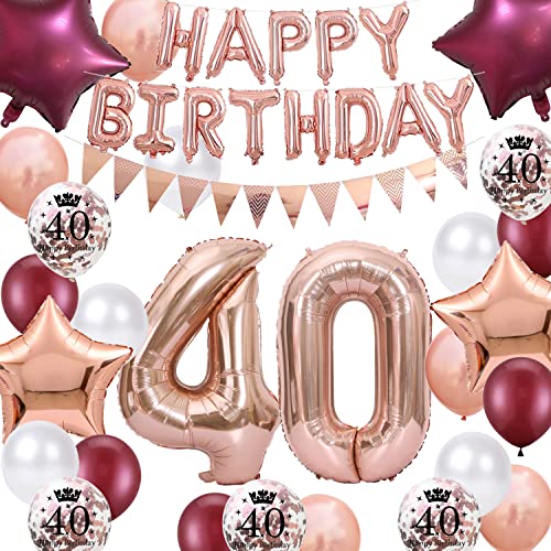 40. Geburtstag Dekorationen Frauen, Rosegold Rosenrot Deko Set Nummer 40 Geburtstag Luftballons Happy Birthday Banner Girlande Star Folie Ballons Konfetti Ballon für 40. Geburtstag Frauen von Fechy