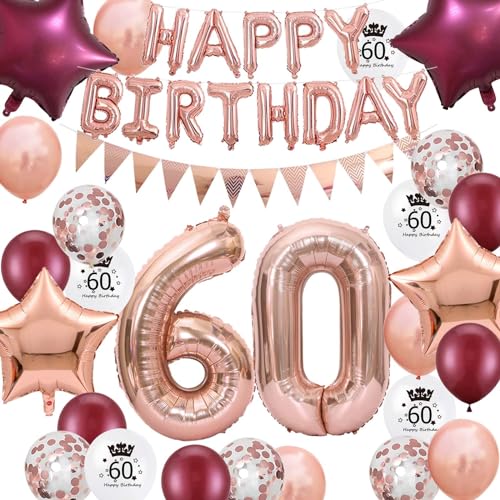 60.Geburtstag Dekorationen Weinrot Roségold für Frauen, Happy Birthday Ballon Wimpel Banner Nummer 60 Geburtstag Luftballons Wein Rot Star Folie Ballons Roségold für Ihre Mutter 60. Geburtstaga von Fechy