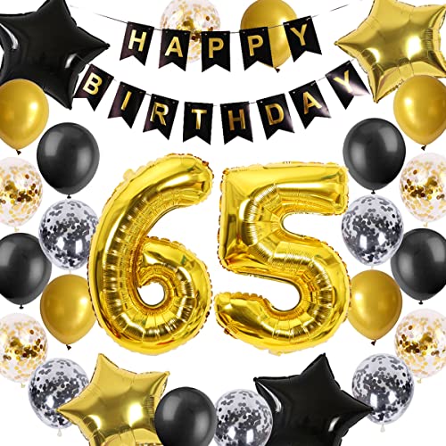 65. Geburtstag Dekorationen Schwarz-Gold für Männer Frauen, 65. Geburtstag Banner Nummer 65 Geburtstag Star Folie Konfetti Ballons für Cheers to 65 Jahre alt Geburtstag Party Dekorationen(65.) von Fechy