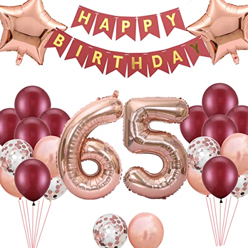 65. Geburtstags Dekorationen Weinrot für Frauen, Birthday Banner Nummer 65 Geburtstags Ballons Stern Folienballons Roségold Rot Konfetti Ballons für ihre Mutter 65 Jahre alt Geburtstag von Fechy