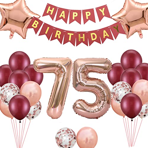 75. Geburtstags Dekorationen Weinrot für Frauen, Happy Birthday Banner Nummer 75 Geburtstags Ballons Stern Folienballons Roségold Rot Konfetti Ballons für ihre Mutter 75 Jahre alt Geburtstag von Fechy