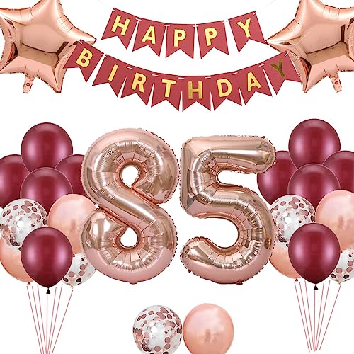 85. Geburtstags Dekorationen Weinrot für Frauen, 85. Birthday Banner Nummer 85 Geburtstags Ballons Stern Folienballons Roségold Rot Konfetti Ballons für ihre Mutter 85 Jahre alt Geburtstag(85.) von Fechy