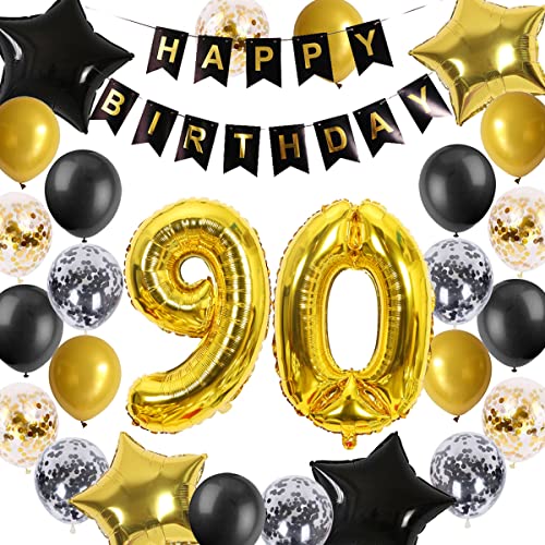 Luftballon 90. Geburtstag Schwarz Golden, Geburtstagsdeko 90 Jahr, Ballon 90. Geburtstag, Riesen Folienballon Zahl 90, Happy Birthday Banner 90, Ballon 90 Deko zum Geburtstag Mann Frau(90.) von Fechy