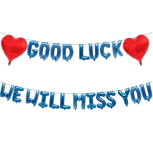 Banner mit Aufschrift "Good Luck We will Miss You" mit Herz-Folienballons für Abschiedsparty, Dekoration, Ruhestand, Party, Abschlussfeier, Abschied, Party, Büro, Arbeit, Kollegen, Abschiedsdekoration von Fechy