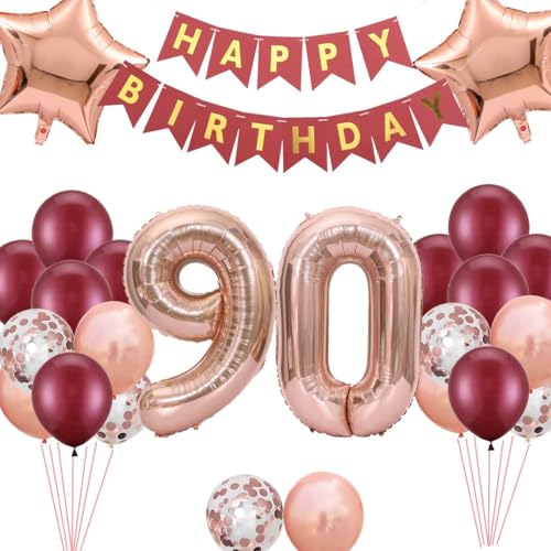 Burgund Rose Gold 90. Geburtstag Dekorationen, Riesige 90 Folienballon Geburtstag Deko für 90 Jahre alt Frau Mütter Großmütter Thematische Geburtstagsfeier Dekorationen von Fechy