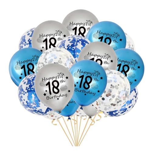 Luftballon 18. Geburtstag, 21 Stück Blau Silber Ballons 18 Jahre Geburtstagsdeko Happy Birthday Deko Latex Konfetti Ballon für Mädchen Jungen 18. Jubiläum Geburtstag Party Dekoration 12Zoll von Fechy