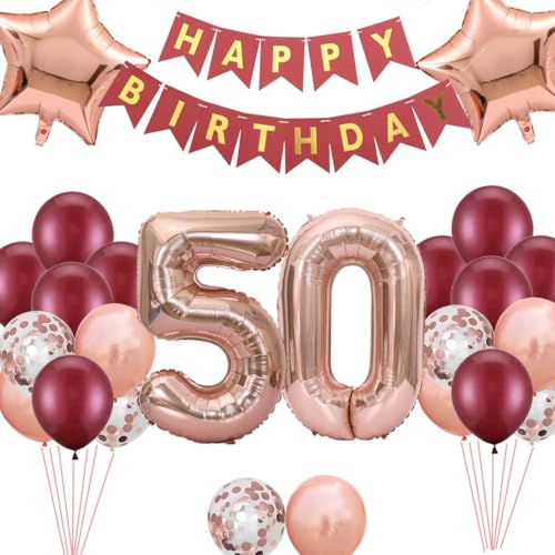 Luftballon 50. Geburtstag Roségold, 50.Geburtstag Deko Frau, Happy Birthday Banner Folienballon Zahl 50 Konfetti Ballon für 50 Jahr Geburtstag Frauen(50.) von Fechy