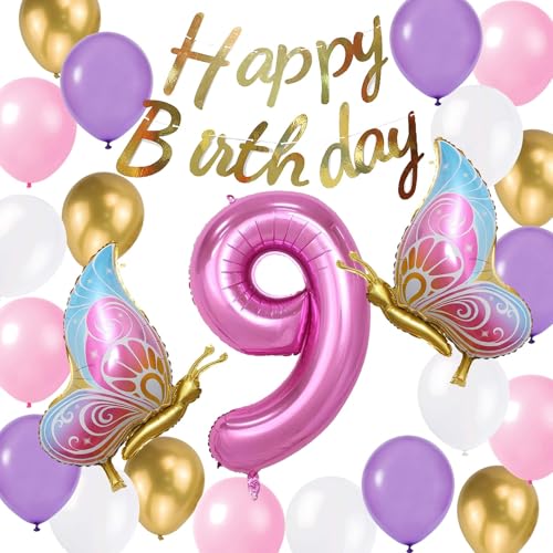 Luftballons zum 9. Geburtstag für Mädchen, Geburtstagsbanner bunt, Schmetterling, Rose, Rosa, Folienballon Zahl 9, Latexballons, 9. Schmetterling, Geburtstagsdekorationen für 9 Jahre Mädchen (9. Luftballons zum 9. Geburtstag für Mädchen, Geburtstagsbanner bunt, Schmetterling, Rose, Rosa, Folienballon Zahl 9, Latexballons, 9. Schmetterling, Geburtstagsdekorationen für 9 Jahre Mädchen (9. von Fechy