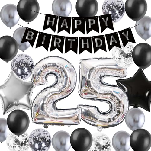 Schwarz Silber 25. Geburtstag Dekorationen für Männer, Geburtstagsbanner Silber Nummer 25 Luftballons Stern Folienballons 25. Geburtstag Metallic Silber Latex Konfetti Ballons für Männer Ihn 25 Jahre von Fechy