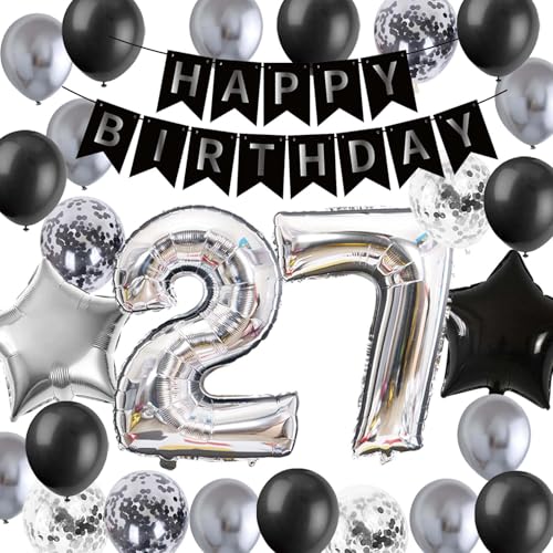 Schwarz Silber 27 Geburtstag Dekoration, 27. Schwarz Silber Geburtstag Banner Nummer 27 Stern Folienballons Metallic Silber Latex Konfetti Ballons für Männer Ehemann Ihn 27 Jahre Geburtstag Party von Fechy