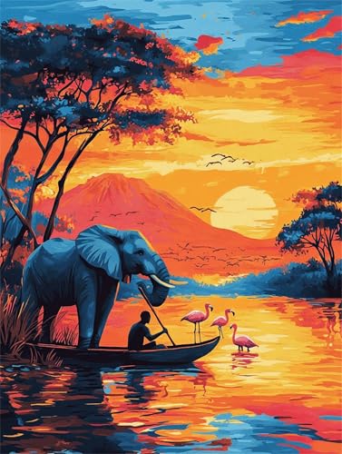 Elefant Malen Nach Zahlen Erwachsene,DIY Malen Nach Zahlen Sonnenuntergang Malen Nach Zahlen mit Rahmen Leinwand 40x50 cm,Ölgemälde Kit Mit Pinseln und Acrylfarbe,Wanddeko,Geschenke für Frauen -k1535 von Feeaxeae