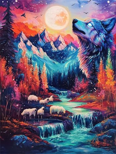 Wolf Malen Nach Zahlen Erwachsene, DIY Malen Nach Zahlen Landschaft Malen Nach Zahlen mit Rahmen Leinwand 40x50 cm, Ölgemälde Kit Mit Pinseln und Acrylfarbe, Wanddeko, Geschenke für Frauen -k1272 von Feeaxeae