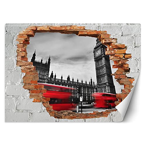 Feeby Fototapete 3D Loch in der Wand Stadt Abstrakt 400x280 cm Rot Vlies Wandtapete Tapeten Wohnzimmer Schlafzimmer Büro Flur Moderne Design Wandbilder Wand Dekoration Bus Big Ben London von Feeby