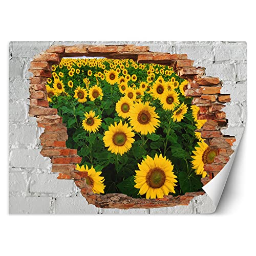 Feeby Fototapete 3D Natur abstrakt Loch in der Wand 400x280 cm Gelb Vlies Wandtapete Tapeten Wohnzimmer Schlafzimmer Büro Flur Moderne Design Wandbilder Wand Dekoration Sonnenblumen Blätter Wiese von Feeby