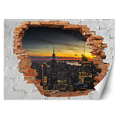 Feeby Fototapete 3D Stadt Loch in der Wand 350x245 cm Orange Vlies Wandtapete Tapeten Wohnzimmer Schlafzimmer Büro Flur Moderne Design Wandbilder Wand Dekoration New York Empire State Building von Feeby