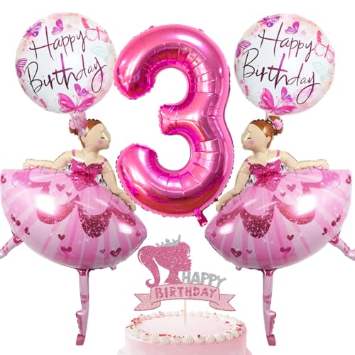 Feelairy Ballerina Deko Geburtstag 3 Jahre Mädchen, Rosa Folienballon 3 Geburtstag Mädchen, Tortendeko Happy Birthday Deko Mädchen 3 jahre Ballons Ballerina für 3. Geburtstag Mädchen Party Deko von Feelairy