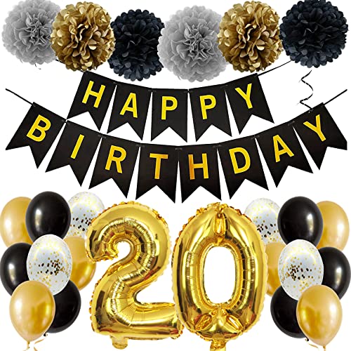 Feelairy Ballons 20. Geburtstag Deko Mädchen, Schwarz Gold Geburtstagsdeko 20 Jahre Junge, Happy Birthday Deko Konfetti Luftballons Deko 20 Geburtstag Mädchen Junge 20 Geburtstag Deko Kinder von Feelairy