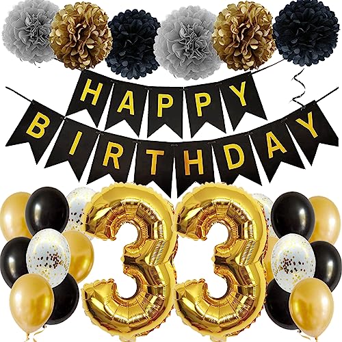 Feelairy Ballons 33. Geburtstag Deko Männer Frauen, Schwarz Gold Geburtstagsdeko 33 Jahre Mann Frau, Happy Birthday Deko Konfetti Luftballons Deko 33 Geburtstag Mann 33 Geburtstag Deko Frauen von Feelairy