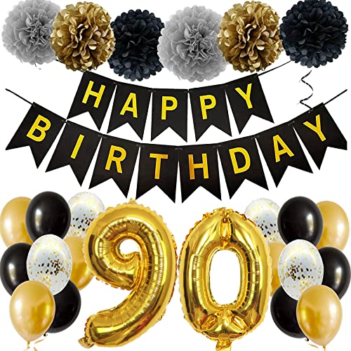 Feelairy Ballons 90. Geburtstag Deko Männer Frauen, Schwarz Gold Geburtstagsdeko 90 Jahre Mann Frau, Happy Birthday Deko Konfetti Luftballons Deko 90 Geburtstag Mann 90 Geburtstag Deko Frauen von Feelairy