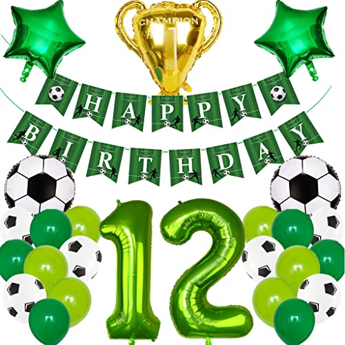 Feelairy Fußball 12. Geburtstag Deko Junge, Fußball Luftballons Geburtstagsdeko 12 Jahre Jungen, Helium Ballon Fussball deko mit Happy Birthday Banner für 12 Jahre Kindergeburtstag Party Deko von Feelairy