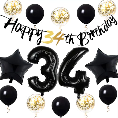 Luftballon 34. Geburtstag Männer Frauen, Geburtstagsdeko 34 Jahre Mann Frau, Folienballon 34 Geburtstag Dekoration Schwarz Gold Girlande Happy 34th Birthday Deko, Ballon 34 Geburtstag Mann Frau von Feelairy