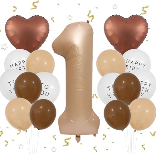 Feelairy Luftballon 1. Geburtstag Mädchen Deko, Ballons 1 Braun Zahl 1 Luftballon 1 Creme, Ballons Beige Aprikose Braun Herz Luftballons Happy Birthday für Geburtstagsdeko 1 jahre Mädchen Party Deko von Feelairy