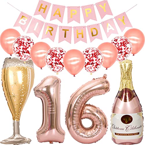 Feelairy Luftballon 16. Geburtstag Deko Mädchen, Rosegold Folienballon Weinflasche Sektflasche Helium Ballon Champagner Flasche, Girlande Happy Birthday Deko für Geburtstagsdeko 16 Jahre Mädchen von Feelairy