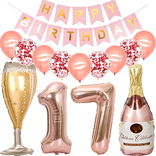 Feelairy Luftballon 17. Geburtstag Deko Mädchen, Rosegold Folienballon Weinflasche Sektflasche Helium Ballon Champagner Flasche, Girlande Happy Birthday Deko für Geburtstagsdeko 17 Jahre Mädchen von Feelairy