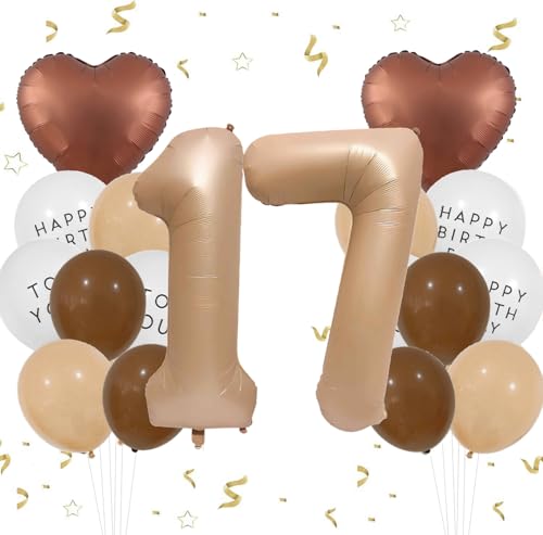 Feelairy Luftballon 17. Geburtstag Mädchen Deko, Zahl 17 Braun Ballons 17 Creme, Ballons Beige Aprikose Kaffee Braun Herz Luftballons Happy Birthday für Geburtstagsdeko 17 Jahre Mädchen Party Deko von Feelairy