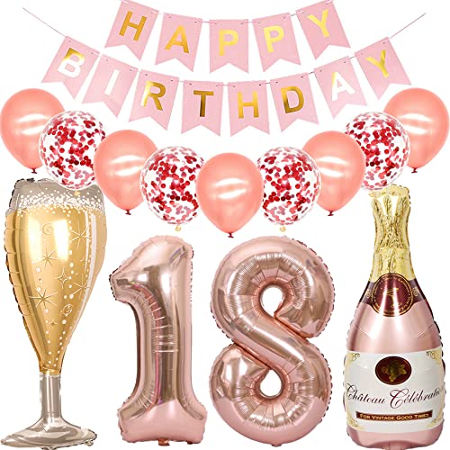 Feelairy Luftballon 18. Geburtstag Deko Mädchen, Rosegold Folienballon Weinflasche Sektflasche Helium Ballon Champagner Flasche, Girlande Happy Birthday Deko für Geburtstagsdeko 18 Jahre Mädchen von Feelairy