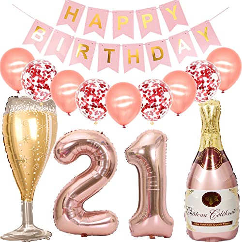 Feelairy Luftballon 21. Geburtstag Deko Frau, Rosegold Folienballon Weinflasche Sektflasche Helium Ballon Champagner Flasche, Girlande Happy Birthday Deko für Geburtstagsdeko 21 Jahre Frauen von Feelairy