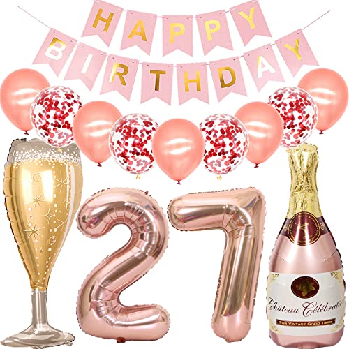 Feelairy Luftballon 27. Geburtstag Deko Frau, Rosegold Folienballon Weinflasche Sektflasche Helium Ballon Champagner Flasche, Girlande Happy Birthday Deko für Geburtstagsdeko 27 Jahre Frauen von Feelairy