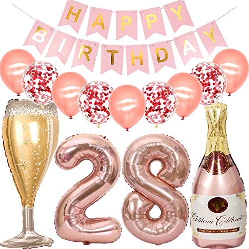 Feelairy Luftballon 28. Geburtstag Deko Frau, Rosegold Folienballon Weinflasche Sektflasche Helium Ballon Champagner Flasche, Girlande Happy Birthday Deko für Geburtstagsdeko 28 Jahre Frauen von Feelairy