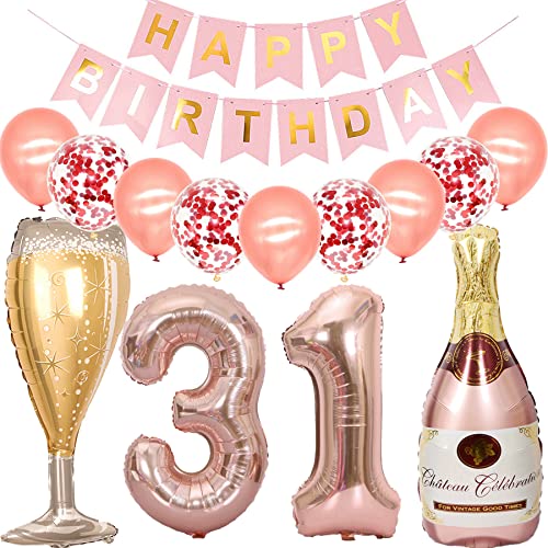 Feelairy Luftballon 31. Geburtstag Deko Frau, Rosegold Folienballon Weinflasche Sektflasche Helium Ballon Champagner Flasche, Girlande Happy Birthday Deko für Geburtstagsdeko 31 Jahre Frauen von Feelairy