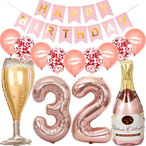 Feelairy Luftballon 32. Geburtstag Deko Frau, Rosegold Folienballon Weinflasche Sektflasche Helium Ballon Champagner Flasche, Girlande Happy Birthday Deko für Geburtstagsdeko 32 Jahre Frauen von Feelairy