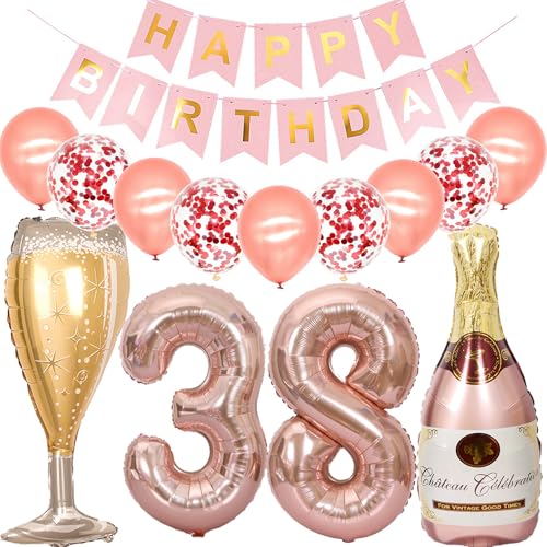 Feelairy Luftballon 38. Geburtstag Deko Frau, Rosegold Folienballon Weinflasche Sektflasche Helium Ballon Champagner Flasche, Girlande Happy Birthday Deko für Geburtstagsdeko 38 Jahre Frauen von Feelairy