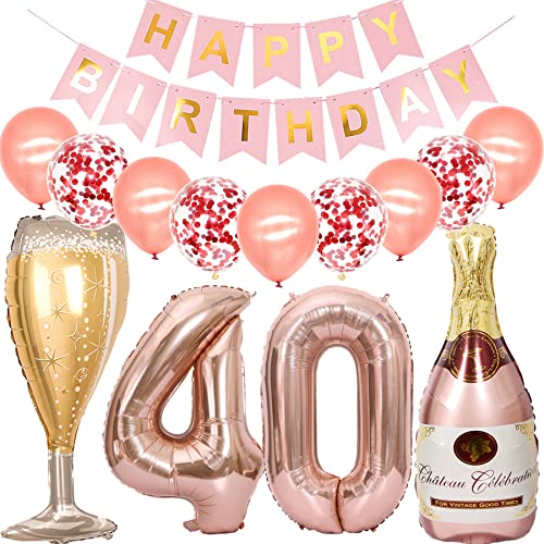 Feelairy Luftballon 40. Geburtstag Deko Frau, Rosegold Folienballon Weinflasche Sektflasche Helium Ballon Champagner Flasche, Girlande Happy Birthday Deko für Geburtstagsdeko 40 Jahre Frauen von Feelairy