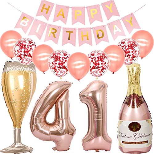 Feelairy Luftballon 41. Geburtstag Deko Frau, Rosegold Folienballon Weinflasche Sektflasche Helium Ballon Champagner Flasche, Girlande Happy Birthday Deko für Geburtstagsdeko 41 Jahre Frauen von Feelairy